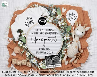 Neutral Pregnancy Announcement Digital, Boho Baby Announcement, Social Media Reveal Editable Gender Neutral Template, Best Things Unexpected