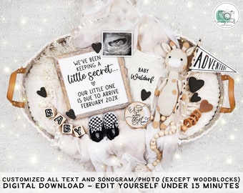 May include: A white wicker basket filled with baby items, including a framed ultrasound image, a sign that reads "We've been keeping a little secret... Our little one is due to arrive February 202X", a crocheted giraffe toy, a wooden sign that reads "We rise for the moon", a pair of black and white checkered baby shoes, and wooden blocks that spell out "BABY".