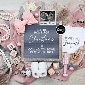 Girl Christmas Pregnancy Announcement, Digital It&#39;s a Girl Gender Reveal Social Media Baby Announcement, Home for Christmas, Due in December