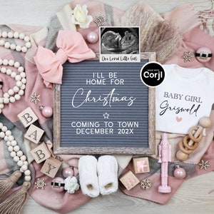 Girl Christmas Pregnancy Announcement, Digital It's a Girl Gender Reveal Social Media Baby Announcement, Home for Christmas, Due in December