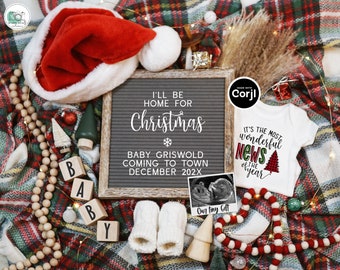 I&#39;ll Be Home for Christmas Pregnancy Announcement, Digital Santa Hat Social Media Baby Reveal, December 2025 Due Date, Winter Baby Reveal