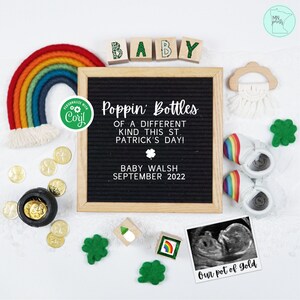 Poppin&#39; Bottles St Patricks Day Pregnancy Announcement Digital, Editable St Paddys Day Pregnancy Reveal, Social Media Baby Reveal, So Lucky
