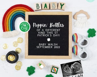 Poppin' Bottles St Patricks Day Pregnancy Announcement Digital, Editable St Paddys Day Pregnancy Reveal, Social Media Baby Reveal, So Lucky