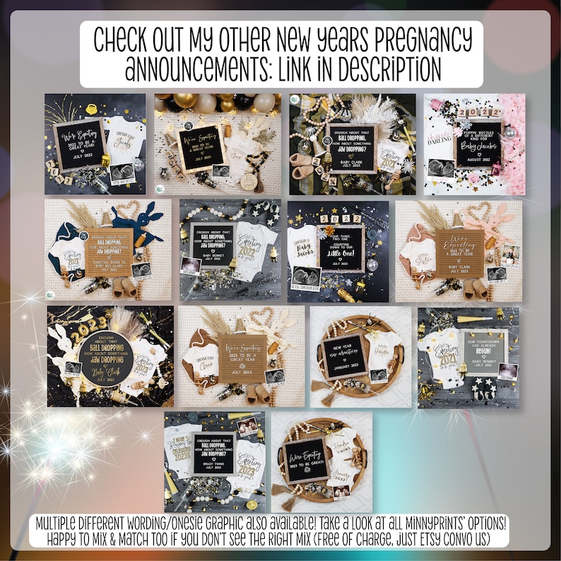 May include: A collage of 12 images showcasing different New Year's themed pregnancy announcements. Each image features a unique design with a chalkboard, a onesie, and a variety of props, including confetti, glitter, and a baby's onesie. The text on the images includes phrases like "Ball Dropping Jan Dropping?" and "We're Expecting a Little One!"