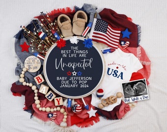 Fourth of July Digital Pregnancy Announcement, Boho Gender Neutral Baby Announcement, Editable Template Social Media, Best Things Unexpected
