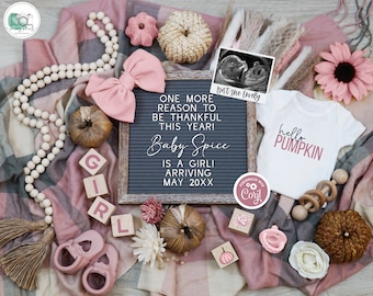 Thanksgiving Girl Pregnancy Announcement Digital, It's a Girl Baby Reveal, Boho Fall Blush Pink Pumpkin Pregnancy Reveal, Plaid Girl Reveal