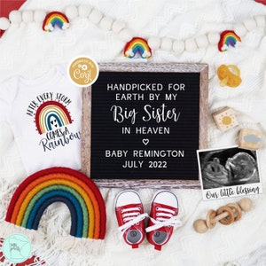 Annuncio di gravidanza del bambino arcobaleno, modello di gravidanza per social media selezionato da Heaven, annuncio digitale dopo ogni tempesta