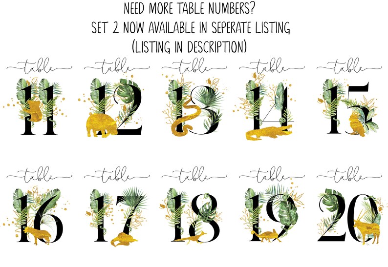 printable jungle table numbers gold animals table numbers etsy