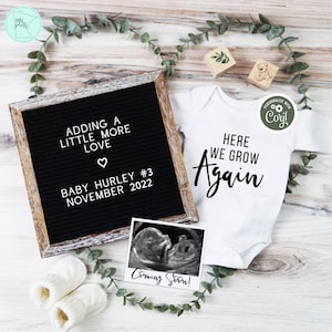 Here We Grow Again Eucalyputus Pregnancy Announcement, Greenery Baby #2 #3 #4 Reveal, Letter Board Social Media Pregnancy Reveal Template