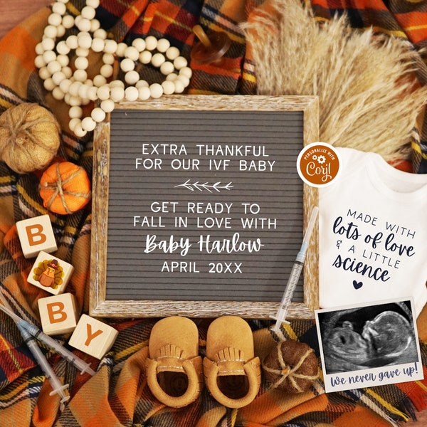 Thanksgiving IVF Baby Announcement, Digital Pregnancy Announcement for Social Media, Fall IVF Baby Reveal, Get Ready to Fall in Love