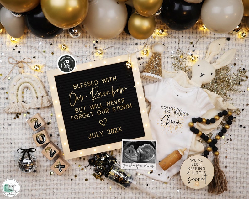 New Year's Rainbow Baby Announcement: Boho Digital Pregnancy Reveal imagem 1