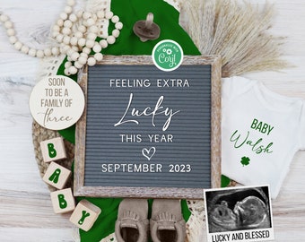 St Patricks Day Pregnancy Announcement Digital, St Paddy's Baby Announcement, Boho Gender Neutral Template, Extra Lucky, Family of 3 4 5 Etc