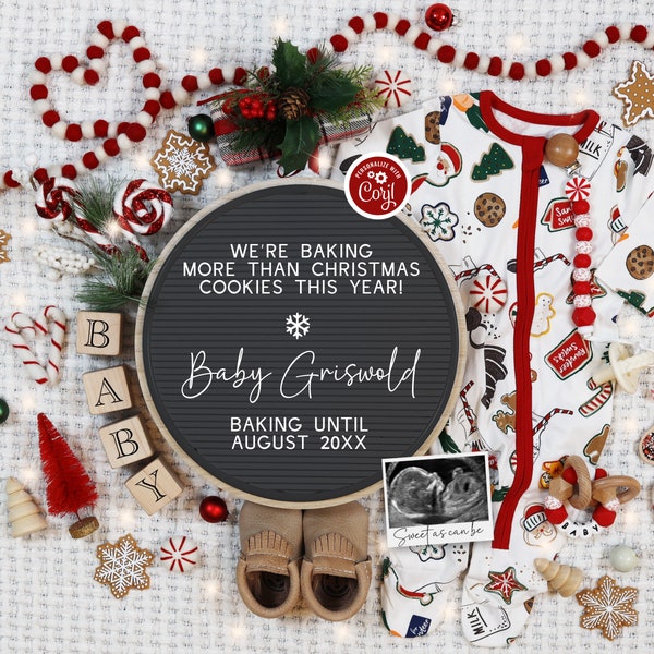 Christmas Cookies Digital Pregnancy Announcement Holiday Baby Announcement Social Media Baby Reavel Instant Download Editable Template