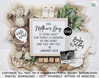 Mother's Day Pregnancy Announcement, Spring Digital Baby Announcement, Editable Social Media Reveal Ideas, One Heart Two Feet, Highland Cow