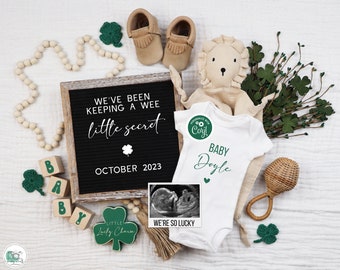 St Patricks Day Digital Pregnancy Announcement, St Paddys Baby Announcement, Boho Gender Neutral Template, Keeping a Wee Little Secret