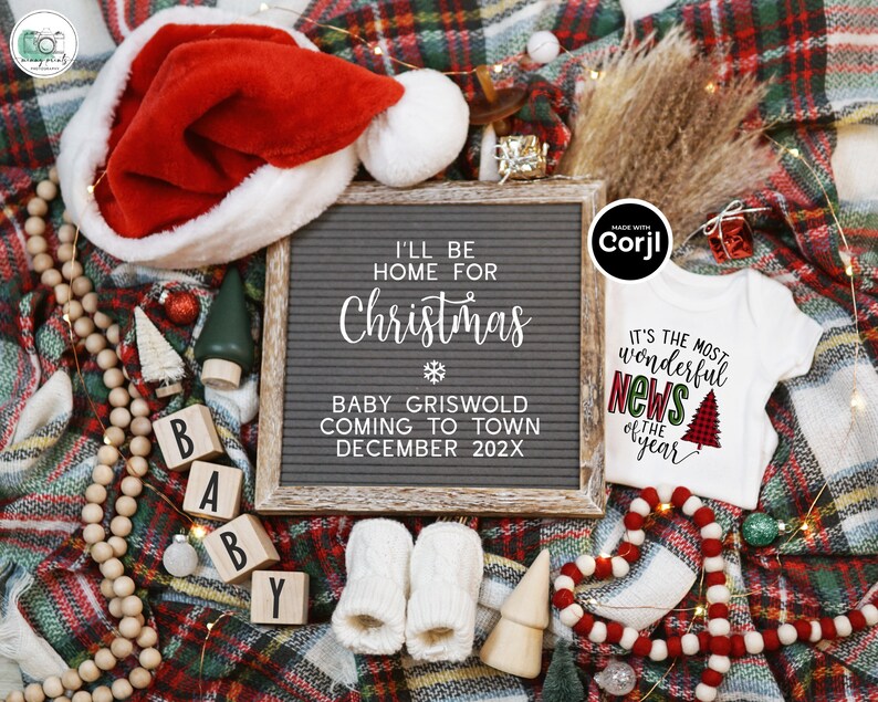 May include: A Christmas-themed baby announcement with a letter board that reads "I'll be home for Christmas. Baby Griswold coming to town December 202X". The letter board is surrounded by a red and green plaid blanket, a Santa hat, wooden blocks spelling "BABY", a small Christmas tree, and a white onesie with the text "It's the most wonderful news of the year" and a red and green plaid Christmas tree.