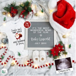 Anuncio de embarazo de Navidad digital, Anuncio de embarazo navideño, Gorro de Papá Noel, Copos de nieve, Tablero de cartas, Bebé de invierno, Redes sociales