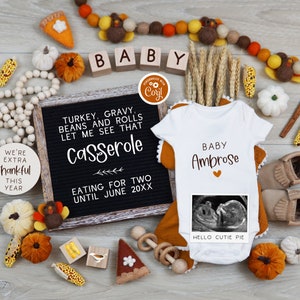 Thanksgiving Pregnancy Announcement Digital, Funny Turkey Food Baby Reveal, Pumpkins Pregnancy Template, Turkey Gravy Beans & Rolls