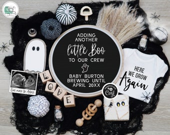 Halloween Pregnancy Announcement, Black & White Boho Halloween Baby Reveal #2, #3 Etc, Spooky Little Boo Halloween Baby, Here We Grow Again