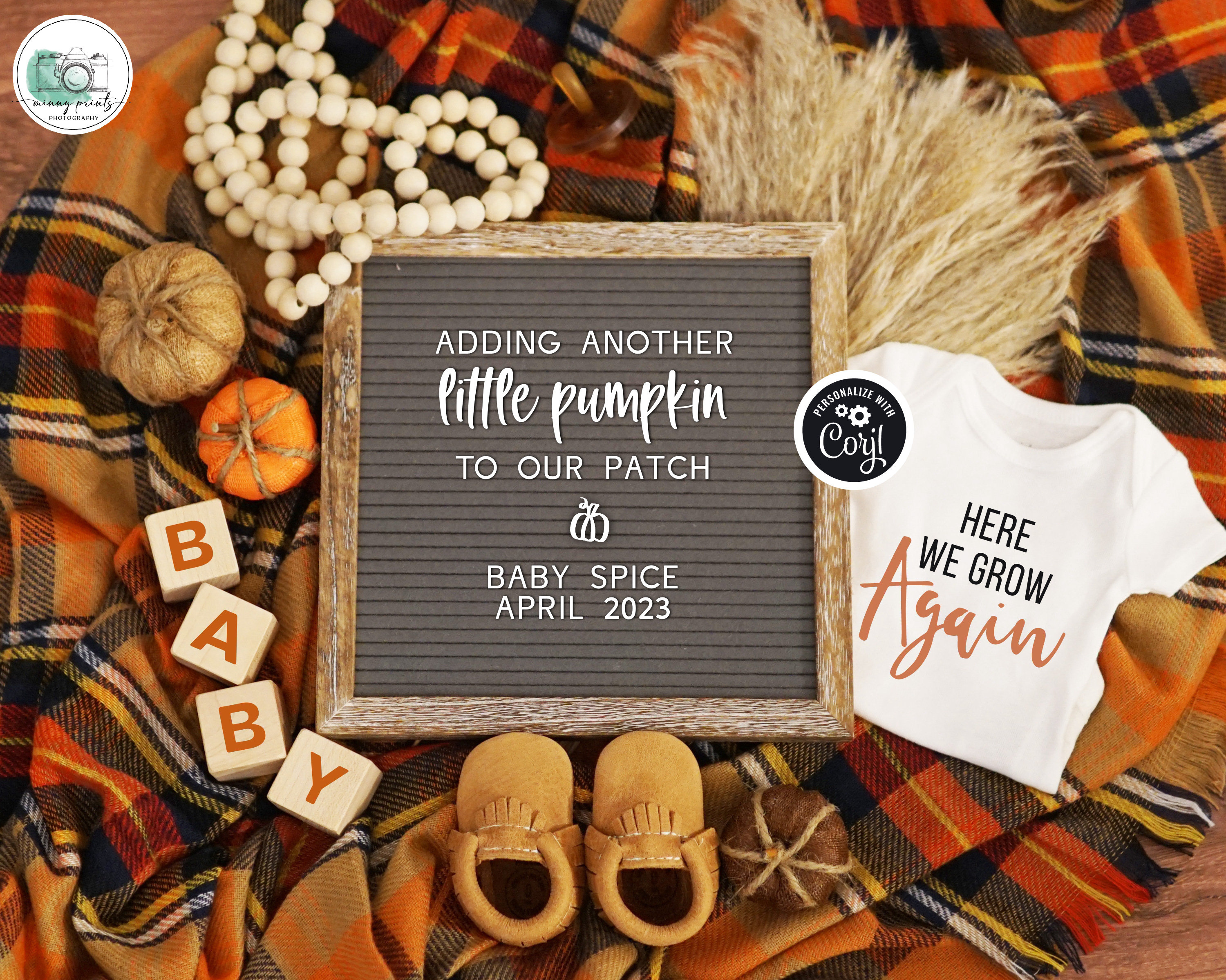 fall pregnancy announcement: pumpkin patch, plaid blanket (digital