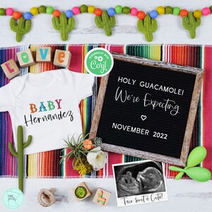 Anuncio de embarazo del Cinco de Mayo, Fiesta que estamos esperando revelación de embarazo, plantilla floral de cactus digital, revelación de bebé del Santo Guacalmole