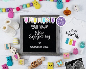 May include: A chalkboard sign with the text "Hold on to your peeps We're Eggspecting October 2022" surrounded by baby booties, a rattle, a dummy, and a onesie with the text "Baby Harlow" and three pastel-coloured chicks.