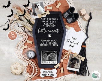Halloween Dog Pregnancy Announcement for Social Media Digital Pumpkin Puppy Baby Announcement Editable Template Spooky Little Secret