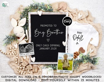 Big Sister or Brother Pregnancy Announcement Digital Boho 2nd Baby Announcement Social Media Reveal Editable Template Instant Download