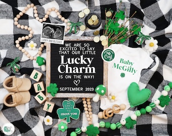 Digital St Patricks Day Pregnancy Announcement, Retro St Paddys Baby Announcement, Boho Gender Neutral Template, Lucky Charm on the Way