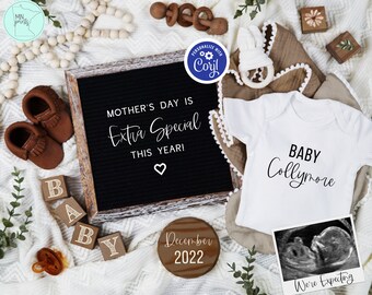 Mother's Day Pregnancy Announcement, Digital Spring Pregnancy Reveal, Gender Neutral Letter Board Template, Greenery Boho Baby Reveal, MDPA