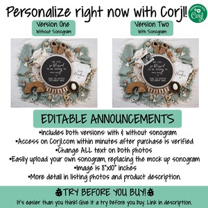 May include: Editable announcement for a baby shower or birth announcement. The announcement includes two versions, one with and one without a sonogram. The announcement features a green and brown color scheme with a wooden rainbow, a bird's nest, and a chalkboard sign that says "We feel so blessed to be adding to our nest! Due to hatch October 2023".