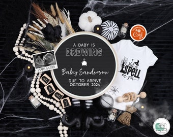 Halloween Pregnancy Announcement Digital Spooky Witch Baby Reveal Baby is Brewing Gender Neutral Reveal Black White Editable Template