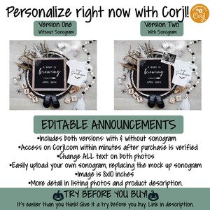 May include: Editable Halloween baby announcement with two versions: one with a sonogram and one without. The announcement features a black chalkboard with the text "A baby is brewing" and a black and white baby onesie with the text "Baby Sanderson".