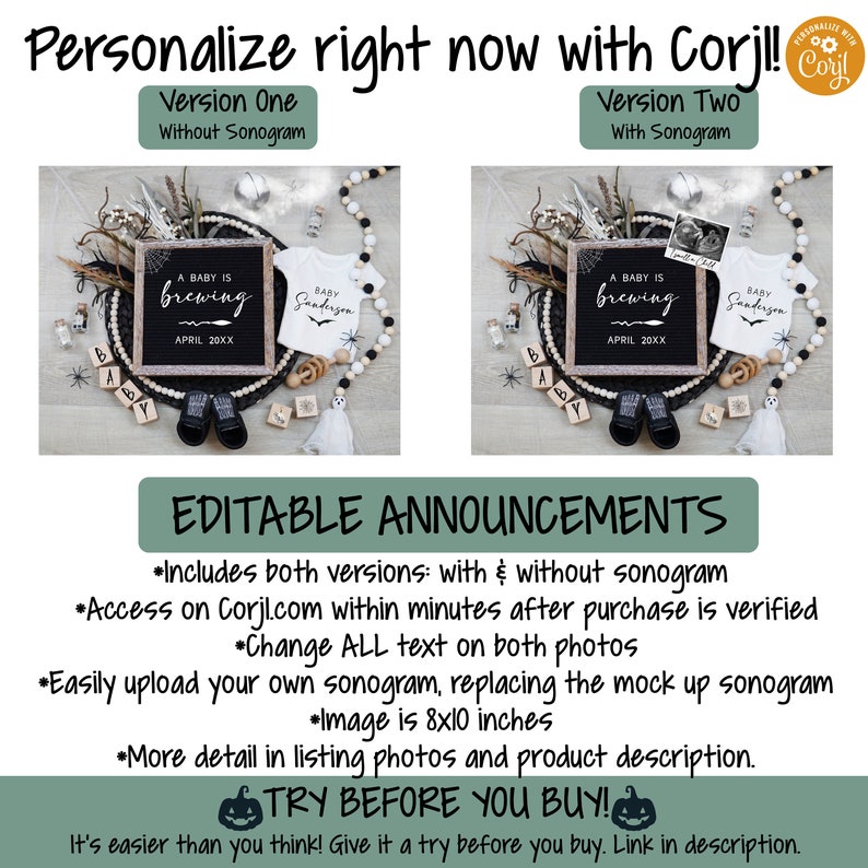 May include: Editable Halloween baby announcement with two versions: one with a sonogram and one without. The announcement features a black chalkboard with the text "A baby is brewing" and a black and white baby onesie with the text "Baby Sanderson".