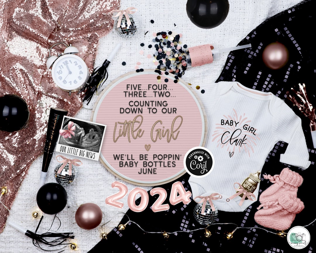 Girl New Years Pregnancy Announcement Digital Editable NYE Baby