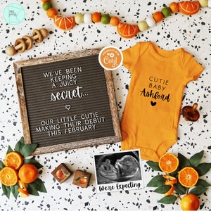Cutie Pregnancy Announcement Digital, Editable Tangerine Juicy Secret Baby Reveal, Boho Orange Clementine Pregnancy Social Media Template