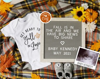 Fall Social Media Pregnancy Announcement, Digital, Fall is in the Air Announcement, Get Ready to Fall in Love, Template, Letter Board, Plaid