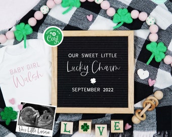 Girl St. Patrick's Day Pregnancy Announcement, St. Patty's Day Baby Announcement Template, Digital It's A Girl Lucky Charm Pregnancy Reveal