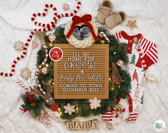 Christmas Digital Pregnancy Announcement, Boho Xmas Wreath Social Media Baby Reveal, December 2023 Due Date, I'll be Home for Christmas