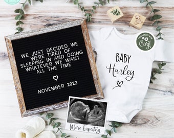 Minimalist Pregnancy Announcement Digital, Editable Greenery Eucalyputus Pregnancy Reveal, Gender Neutral Tired of Sleeping In Letter Board