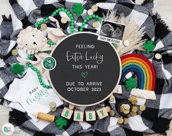 St Patricks Day Pregnancy Announcement Digital, Baby Announcement, Boho Gender Neutral Template, Extra Lucky, Pot of Gold, Rainbow Baby