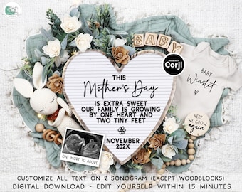 Mother's Day Pregnancy Announcement, Spring Digital Baby Announcement, Editable Social Media Reveal Ideas, One Heart Two Feet, Floral Bunny