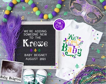 Mardi Gras Pregnancy Announcement, Editable Mardi Gras Pregnancy Reveal, Social Media Pregnancy Announcement, We Got The Baby, Krewe