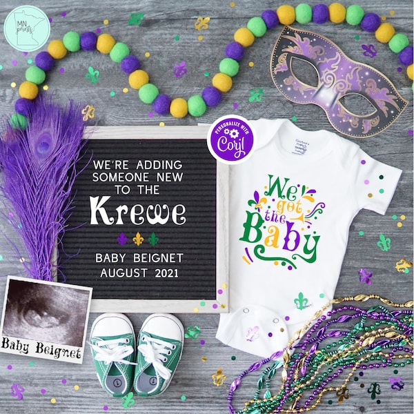 Mardi Gras Pregnancy Announcement, Editable Mardi Gras Pregnancy Reveal, Social Media Pregnancy Announcement, We Got The Baby, Krewe