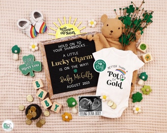 Digital St Patricks Day Pregnancy Announcement, Boho St Paddys Rainbow Baby Announcement, Editable Gender Neutral Template, Lucky Charm