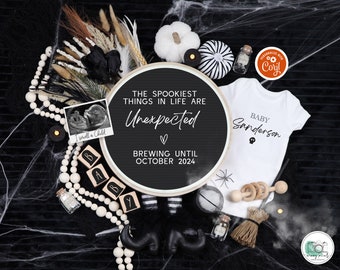 Halloween Pregnancy Announcement Digital Spooky Witch Baby Reveal Spooky Unexpected Surprsied Gender Neutral Black White Editable Template
