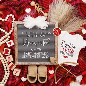 K&ouml;nnte beinhalten: Eine rot-wei&szlig; karierte Decke mit einer Buchstabentafel, auf der steht "Die besten Dinge im Leben sind unerwartet. Baby Hartley September 202X". Es gibt einen wei&szlig;en Strampler mit dem Text "Erwarten ein kleines Valentinstag" und einen Holzpfeil mit einem Herzen darauf. Au&szlig;erdem gibt es Holzkl&ouml;tze, die "Baby" buchstabieren, eine Holzperlenkette und eine Holzrassel.