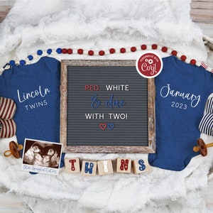 4th of July Twins Pregnancy Announcement, Digital Boho Patriotic Twin Reveal, Editable Social Media Announcement, Red White Due with Two