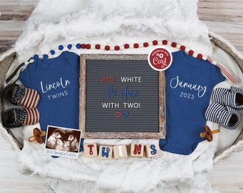 4th of July Twins Pregnancy Announcement, Digital Boho Patriotic Twin Reveal, Editable Social Media Announcement, Red White Due with Two
