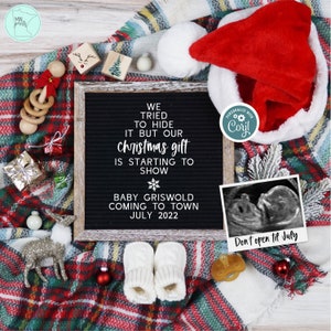 Anuncio digital de embarazo navideño, tablero editable de cartas de embarazo en redes sociales navideñas, plantilla de revelación de bebé rústico de invierno